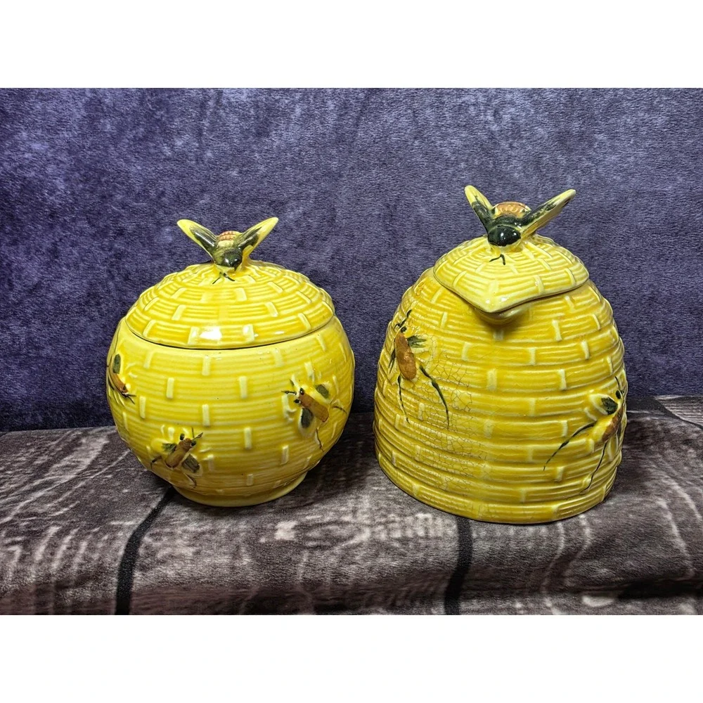 Vintage Yellow Beehive Ceramic Sugar Bowl and Creamer Set with Bees Skep Design‎